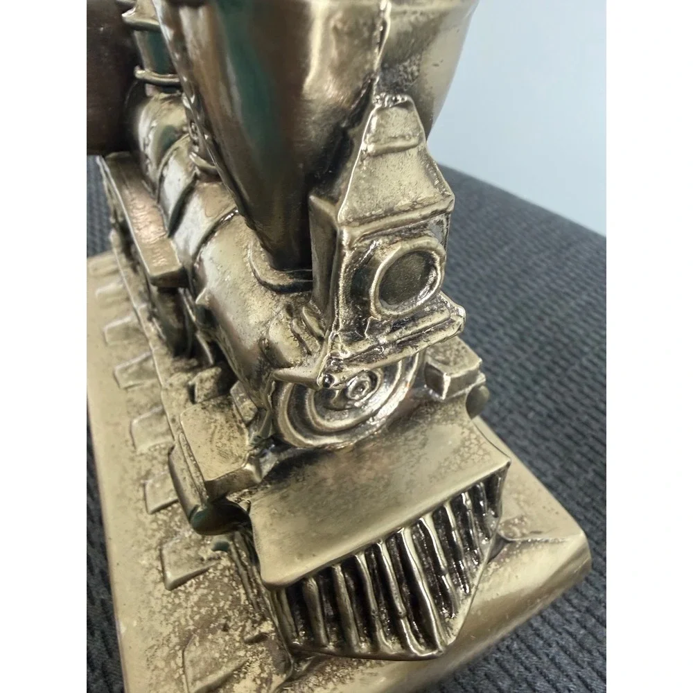 Vintage Solid Brass Metal Train Bookends Steam Locomotive and Caboose Set